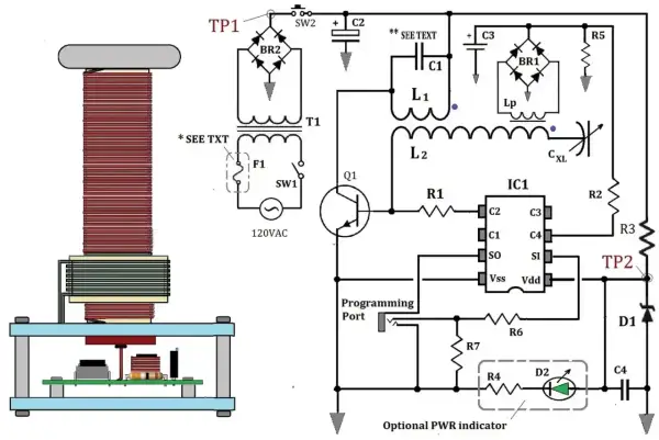 Schemat układu z cewką Tesli, transformatorem, tranzystorem i układem scalonym.