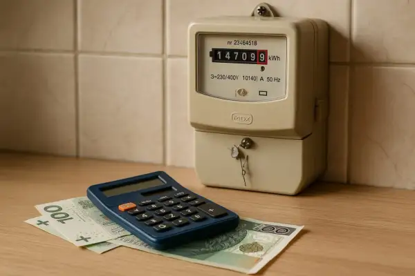 Licznik energii elektrycznej, kalkulator i banknoty 100 zł. Obrazek pokazuje, jak obliczyć zużycie prądu i koszty.