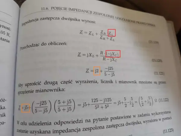 Wzór na impedancję zespoloną dwójnika: Z = jXL + R(-jXc)/(R-jXc). Obliczenia pokazują, jak uzyskać wynik.