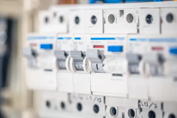 Szukasz informacji, jaki bezpiecznik do gniazdek? Na zdjęciu widać rząd białych wyłączników nadprądowych w rozdzielnicy elektrycznej, każdy z dźwignią i oznaczeniem prądowym.