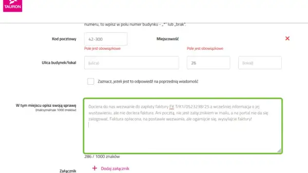Formularz Tauron: wpisanie adresu, kodu pocztowego, miejscowości. Wpisano treść wiadomości o problemach z fakturą, druk ost tauron pdf.