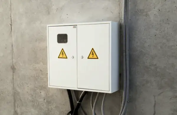 Biała skrzynka elektryczna z żółtymi symbolami ostrzegawczymi na betonowej ścianie.