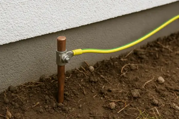 Uziemienie w starej instalacji: miedziany pręt w ziemi, do którego przyłączony jest żółto-zielony przewód. Bezpieczeństwo przede wszystkim!