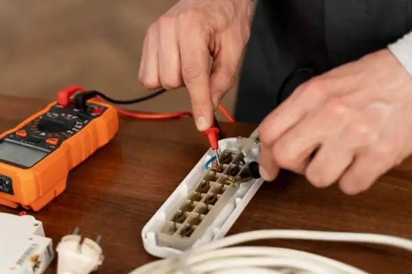 Ręce mierzą opór elektryczny za pomocą pomarańczowego multimetru i białego przedłużacza.