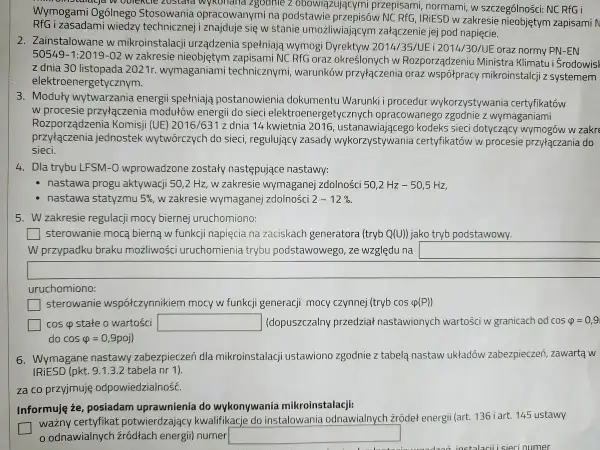 Dokument z wnioskami do pobrania dla mikroinstalacji, zawierający wymagania techniczne i procedury przyłączenia do sieci.