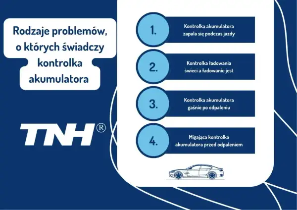 Rodzaje problemów z akumulatorem: kontrolka zapala się podczas jazdy, świeci, gaśnie po odpaleniu lub miga przed odpaleniem.