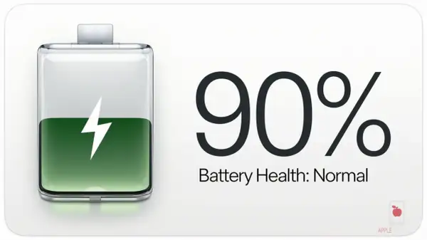 Ikona baterii z błyskawicą i napisem "90% Battery Health: Normal". Dowiedz się, jak sprawdzić kondycję baterii.