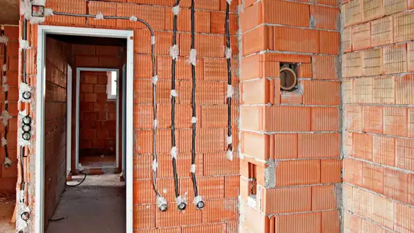 Instalacja elektryczna bezpuszkowa w budowie. Widoczne kable i otwory w ceglanych ścianach.