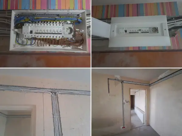 Nowe przewody i bezpieczniki w mieszkaniu. Trwa wymiana instalacji elektrycznej, widać rozdzielnicę i ułożone kable.
