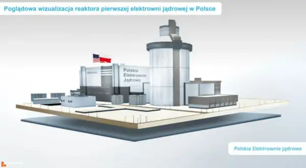 Wizualizacja pierwszej elektrowni jądrowej w Polsce, z budynkami i wieżą chłodniczą.