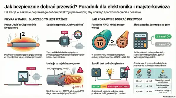 Ilustracja przedstawia schematy i wykresy dotyczące doboru przewodów elektrycznych, w tym prawo Joule'a, spadek napięcia i porównanie systemów AWG.