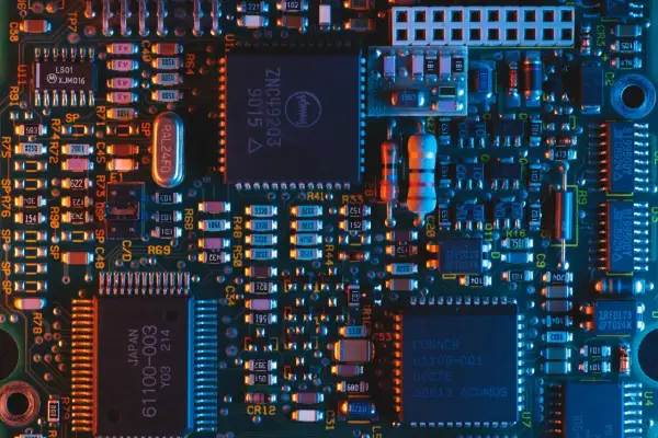 Płytka drukowana z licznymi elementami elektronicznymi, w tym układami scalonymi i rezystorami. Wśród nich można dostrzec oznaczenia sugerujące zastosowanie technologii chłodzenia, jak ogniwo Peltiera.