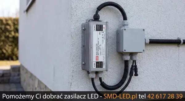 Zasilacz LED zamontowany na ścianie z podłączonymi przewodami w peszlu do puszki instalacyjnej.