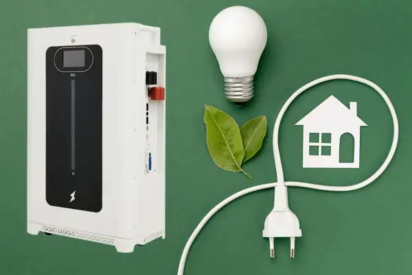 Nowoczesny magazyn energii bez fotowoltaiki, symbol domu i żarówka.