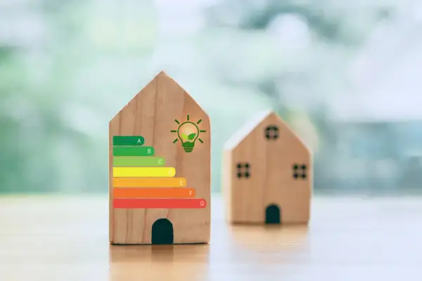 Drewniane domki z etykietą energetyczną, gdzie jeden z nich ma klasę energetyczną G. Symbol żarówki z liściem sugeruje ekologiczne rozwiązania.