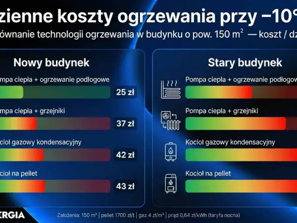 Porównanie kosztów ogrzewania: w nowym budynku kocioł gazowy kondensacyjny kosztuje 42 zł, a w starym 42 zł.