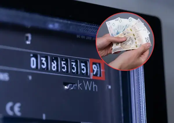 Licznik energii elektrycznej i dłonie trzymające polskie banknoty. Zastanawiasz się, ile kosztuje 1 kWh?