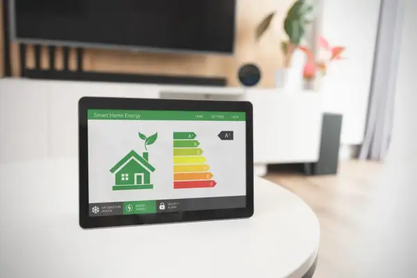 Tablet z aplikacją Smart Home Energy pokazuje skalę klas energetycznych, gdzie dom ma klasę A+. Dbałość o środowisko i oszczędność energii.