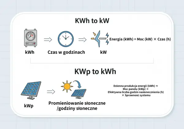 Wyjaśnienie jednostek: kWh to kW (energia = moc × czas) i kWp to kWh (produkcja energii zależy od mocy panelu, godzin nasłonecznienia i sprawności).