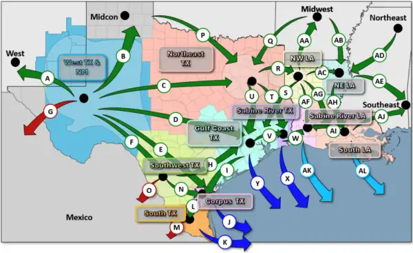 Mapa pokazuje przepływ gazociągów z Teksasu i Luizjany do różnych regionów USA.