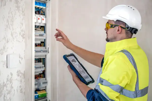 Elektryk w kasku i kamizelce odblaskowej sprawdza instalację elektryczną na tablecie.