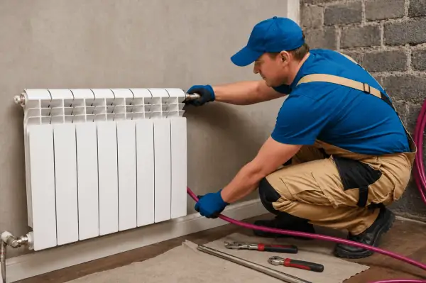 Instalator wykonuje podłączenie grzejnika od dołu, używając narzędzi i węża.